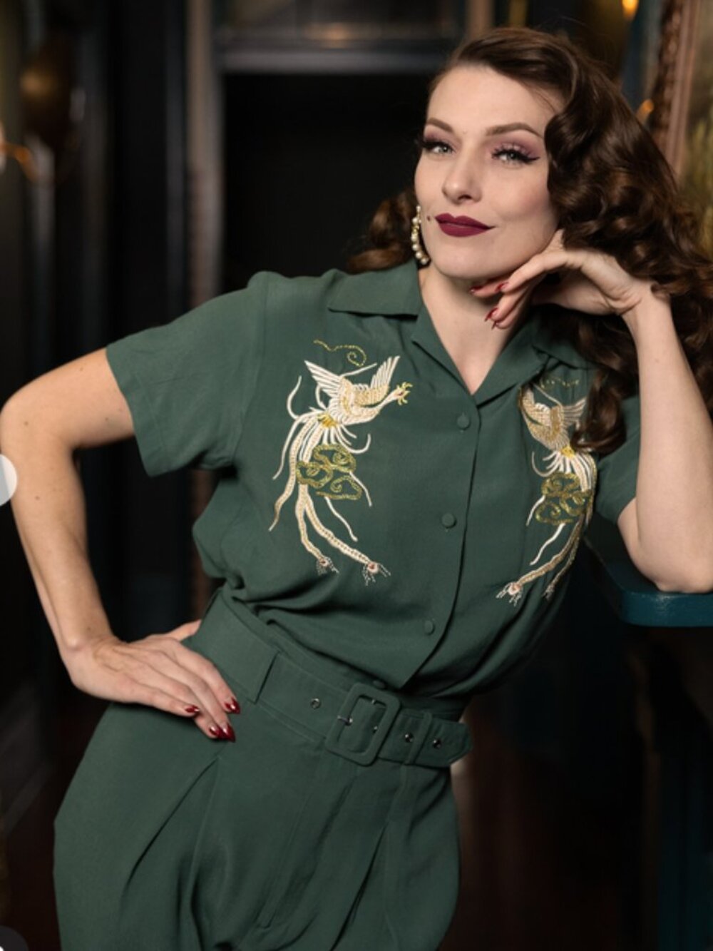 RARE TRASHY DIVA ZIP CREPE DE CHINE SHIRT EMBROIDERED HUNTER GREEN VINTAGE XXL